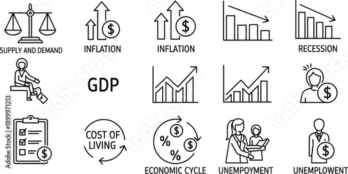Black line illustrating various economic concepts economics finance business line supply and demand