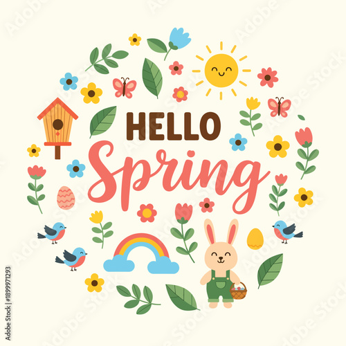 Hello Spring circle frame with cute animals and flowers.