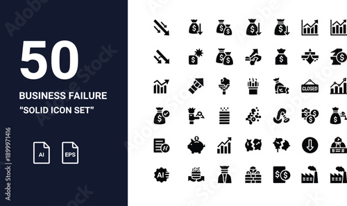 Business failure solid set with 50 black and white solid black and white money finance