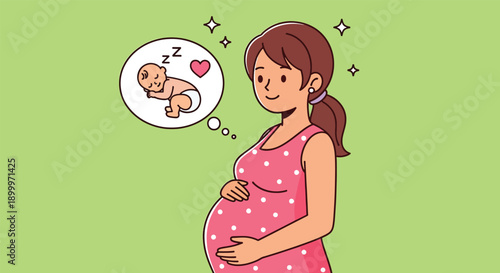 Pregnant woman dreaming of her sleeping baby Illustration.