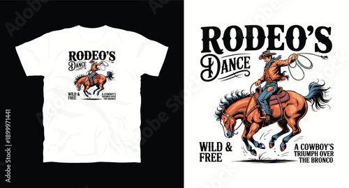 Rodeo dance t-shirt design with cowboy riding bucking horse and lasso for western sports and apparel graphic