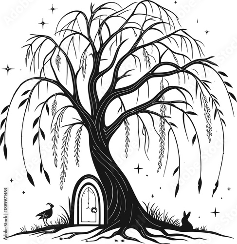 Fantasy hollow tree black silhouette with magical door and forest animals under a starry sky vector illustration