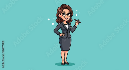 Professional Businesswoman Cartoon Character with Glasses and Pen.