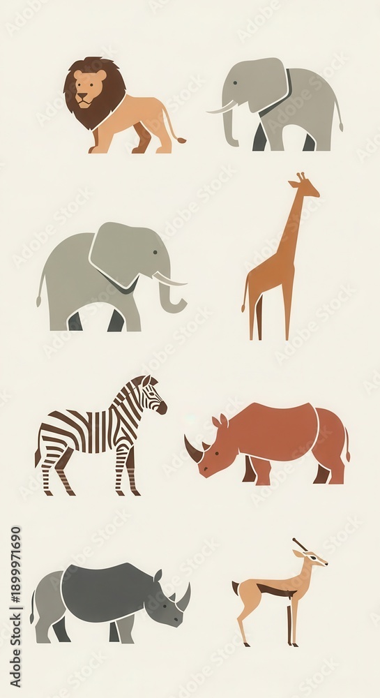 Naklejka premium Collection of stylized large wild animals from various habitats displayed in rows