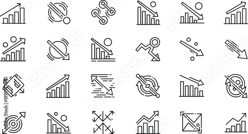 Black and white line of business and finance symbols line black and white graphs