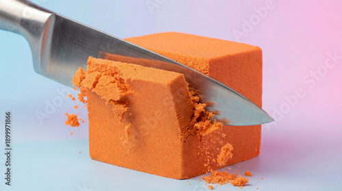 A metal knife slices through a bright orange cube of kinetic sand, which crumbles as the blade passes through. The scene is set against a soft pastel background of light blue and pink.
