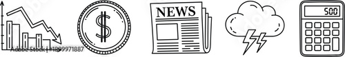 Black and white line of business and finance including graph, coin, newspaper, stormy weather, and calculator