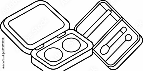 Outline of two open cosmetic compacts with mirrors and applicators