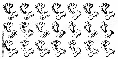 A repeating pattern of black footprints on a white background