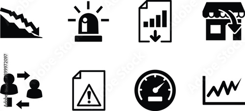 Black and white business with graphs and warning signs finance charts