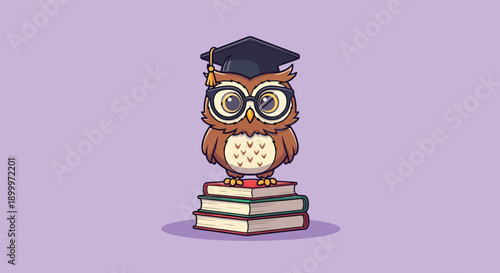 Wise Owl with Graduation Cap and Glasses Standing on Books.