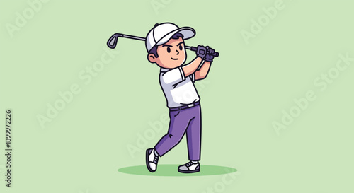 Young Golfer Swings Club on Green Field Cartoon Illustration.