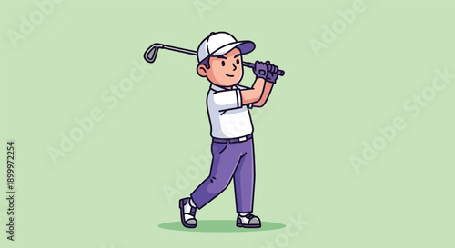Young Male Golfer Swinging Club Cartoon Illustration.