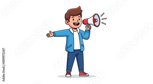 Young Man Announcing with Megaphone Cartoon Vector Illustration.