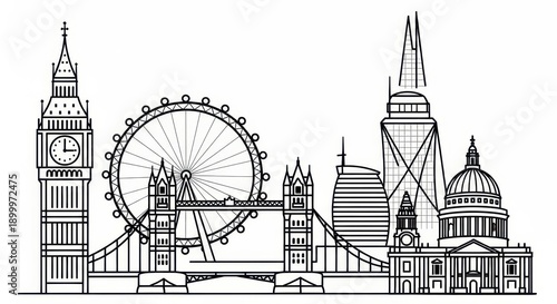London Skyline Line Art Illustration with Famous Landmarks