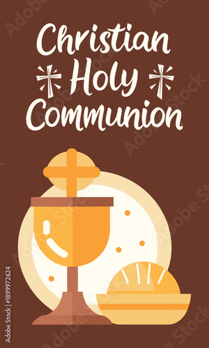 An illustration depicting the sacred christian holy communion with a golden chalice and communion wafers, set against a brown background