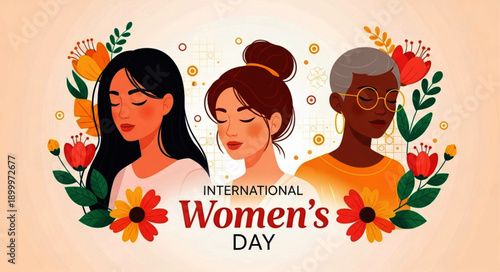 International Women's Day celebration 8th March with diverse women, symbolizing empowerment and equality