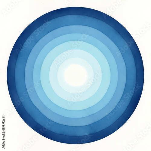 Abstract watercolor painting of concentric blue circles fading into white. Gradient color artwork for modern artistic background composition.