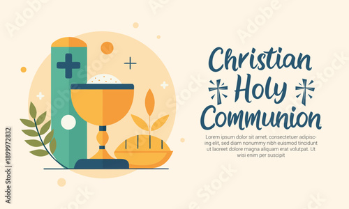 An illustration depicting the sacred christian holy communion with a chalice, host, and cross.