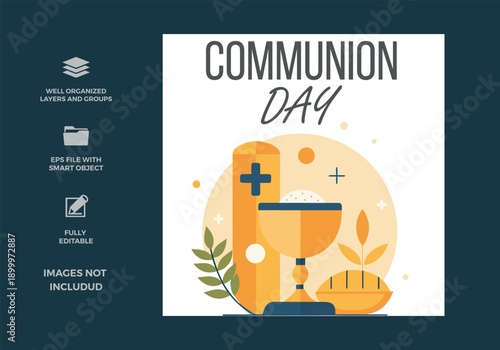 A beautiful vector illustration celebrating communion day with symbolic elements like a chalice, host, and bread