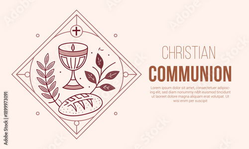 Minimalist line art illustration depicting christian communion symbols within a decorative diamond frame