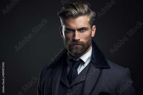 Serious man with beard and stylish hairstyle portraying determination on a dark background