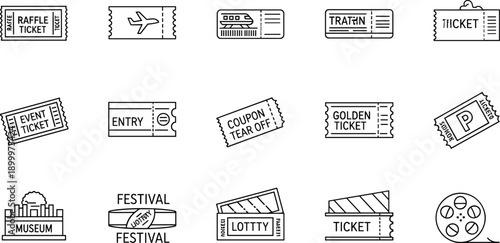 Event and entertainment ticket icons for raffle airplane train museum and golden ticket access passes