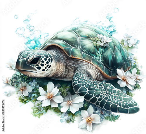 green turtle and flowers