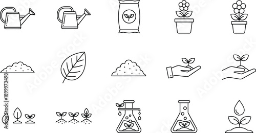 Gardening and agriculture line icon collection featuring watering cans soil bags flower pots and plant growth stages