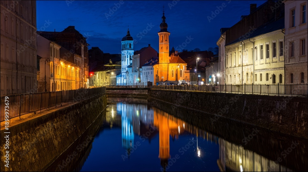 Fototapeta premium european. A European canal glows under atmospheric streetlights, reflecting historic architecture. real-estate listings. 