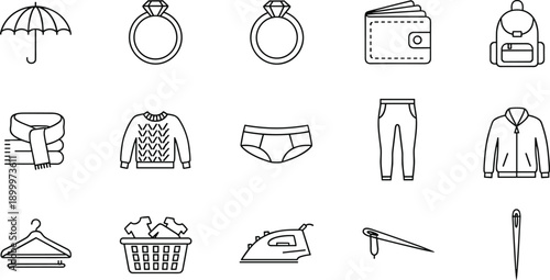 Accessories and clothing icons, umbrella, rings, wallet, backpack, scarf, sweater, underwear, pants, jacket, line art