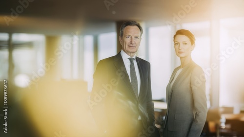 upper. Two confident executives in a modern office setting, captured with natural lighting and professional atmosphere. pitch deck slides.

