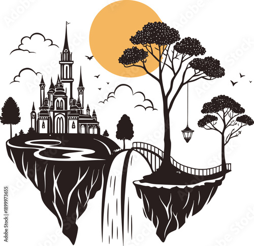 Fantasy castle on floating island with waterfall and large tree