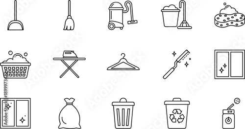Cleaning supplies icons, household chores equipment, broom, vacuum, bucket, iron, hanger, trash can, line art