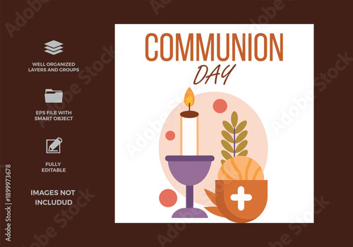 A serene illustration for communion day featuring a lit candle, purple chalice, and blessed bread, symbolizing faith and celebration.