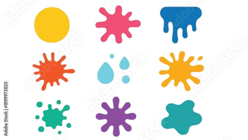 A colorful illustration of various paint splatters on a white background