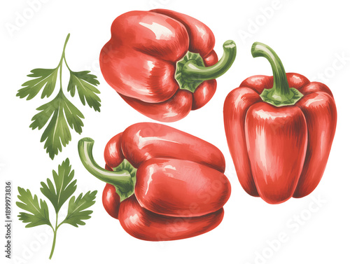 Watercolor vegetable collection of bell peppers, chili peppers, and leafy herb accents.