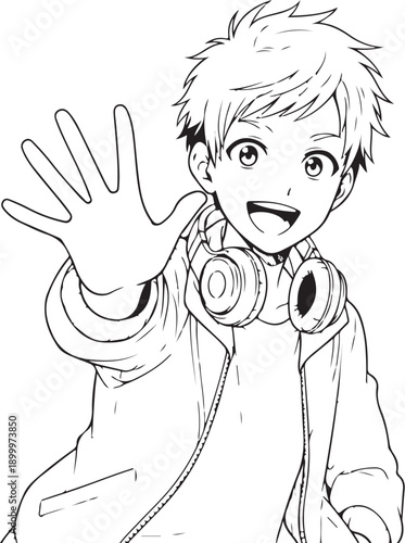 Anime style skater boy holding skateboard, urban fashion line art