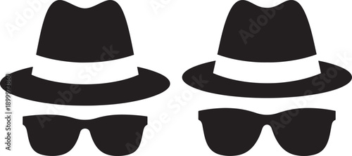 Minimalist silhouettes of two fedora hats and sunglasses, suggesting mystery, spies, or a classic look.