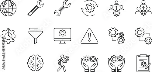 Settings and gear line icons set, engineering and configuration symbols, global tools and options