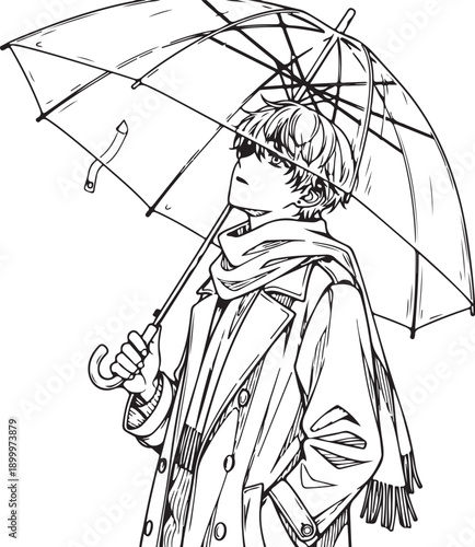 Retro style boy admiring vinyl record album, black and white line art