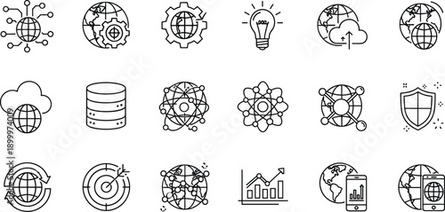 Global network connection line icons set, planet earth with technology symbols, digital communication