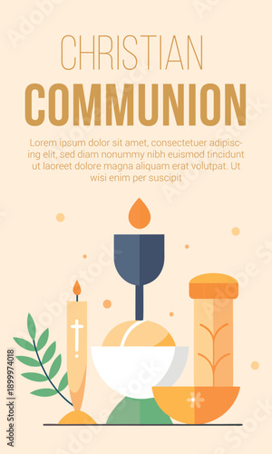 Christian communion ceremony depicted with symbolic elements like chalice, host, candle, and bread on a warm background