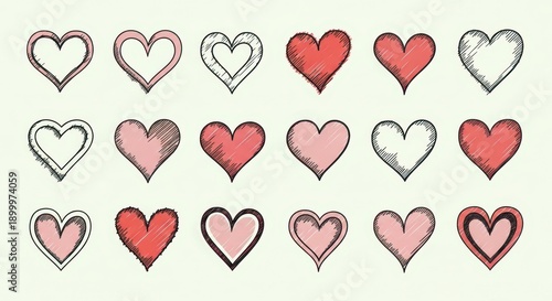 Hand Drawn Doodle Hearts Collection. Sketchy Love Symbols in Pink and Red.