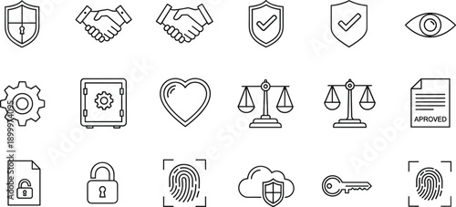 Security and trust linear icon collection with shields handshake vault scales fingerprint key and padlock symbols