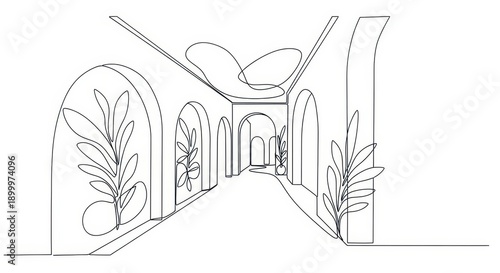 Continuous Line Drawing of a Minimalist Architectural Interior with Arches and Plants