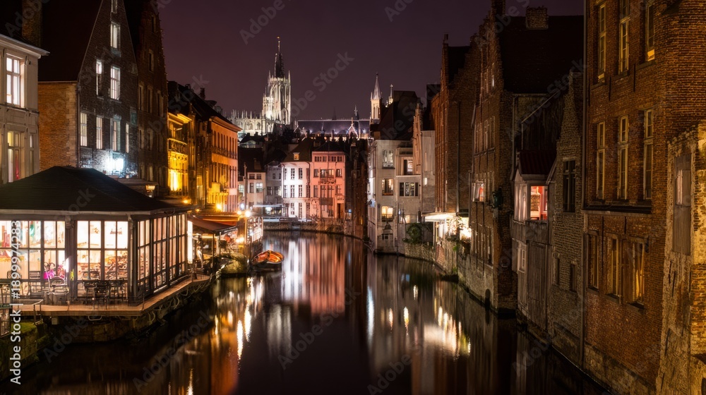 Obraz premium european. A European canal glows under atmospheric streetlights, reflecting historic architecture. real-estate listings. 