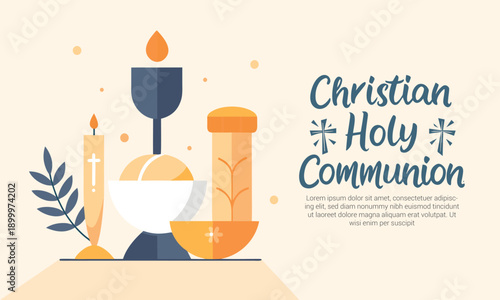 A beautifully illustrated scene depicting the sacred elements of christian holy communion, featuring chalice, host, and candle