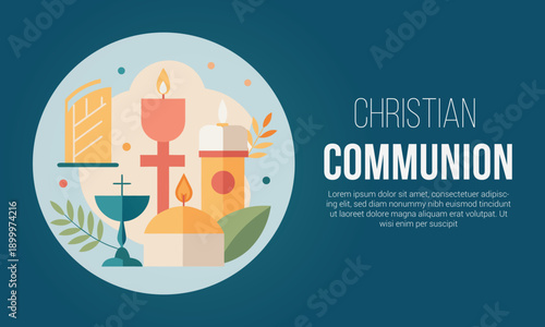 A flat illustration depicting various christian communion symbols like chalice, cross, bible, and candles on a blue background