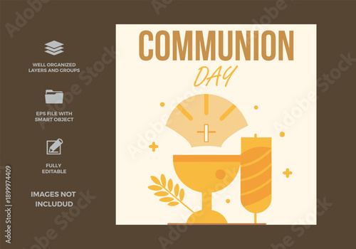 A beautiful graphic design depicting a communion day celebration with religious symbols and warm colors